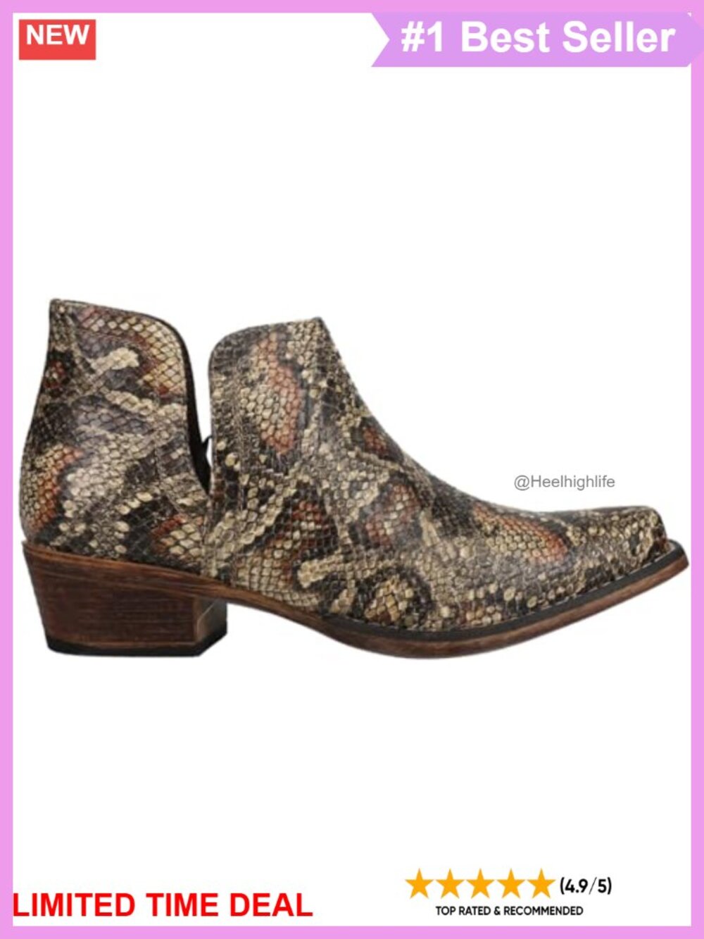 Faux Leather Snake Print Snip Toe Ankle Cowboy Booties Casual